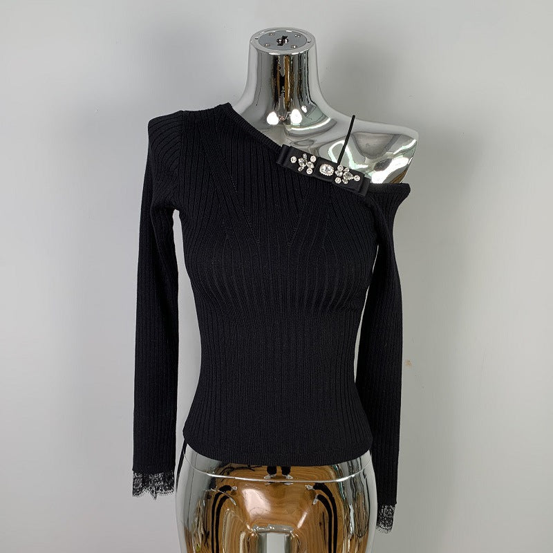 Off-Shoulder Bow Lace Cuff Long Sleeve Knit Top for Women