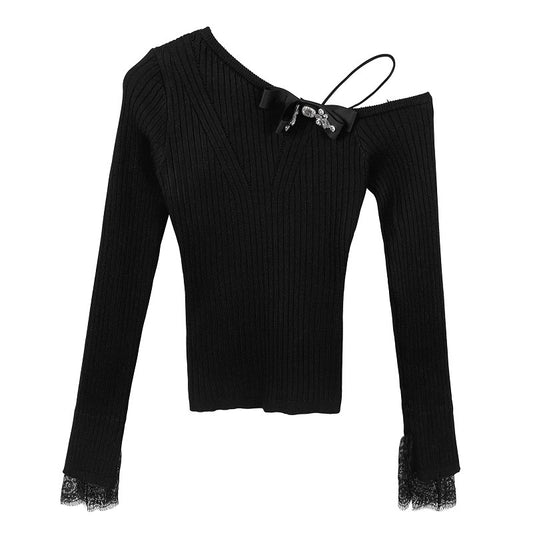 Off-Shoulder Bow Lace Cuff Long Sleeve Knit Top for Women