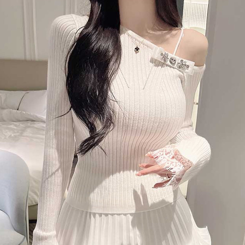 Off-Shoulder Bow Lace Cuff Long Sleeve Knit Top for Women