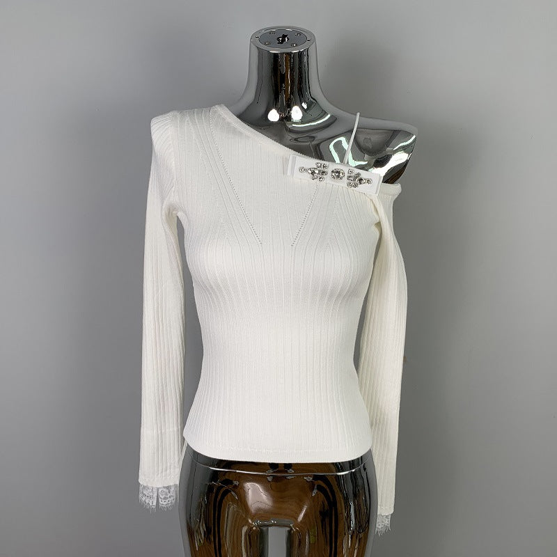 Off-Shoulder Bow Lace Cuff Long Sleeve Knit Top for Women